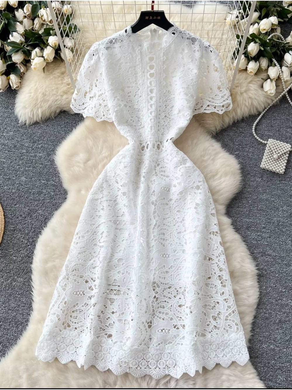 Elegant White Lace Midi Dress - Feminine Scalloped Detail